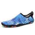 Blue Lycra and EVA beach wading shoes for swimming, shown on a size chart.