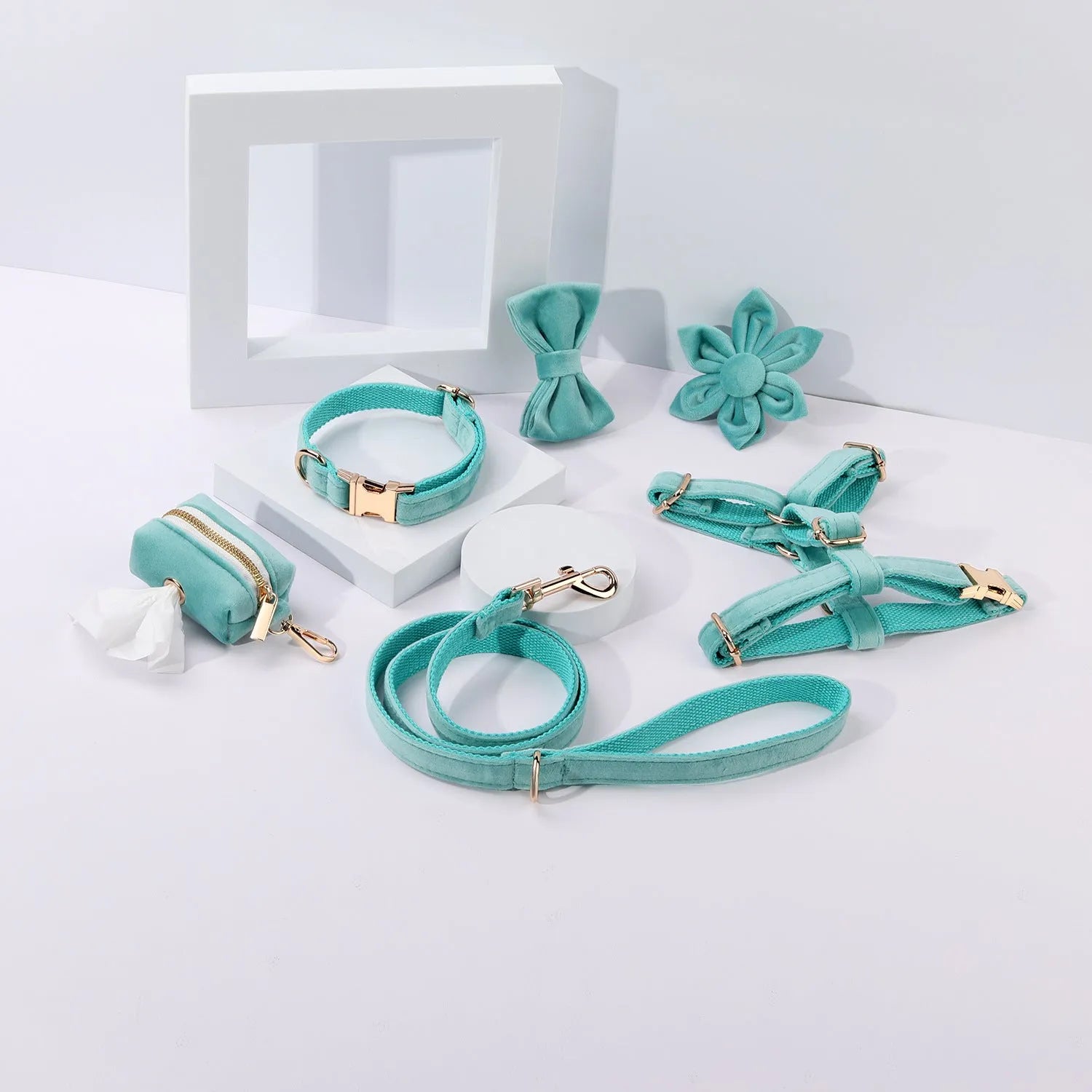 Velvet pet collar and traction rope set with bow tie and flower accessories in multiple colour options