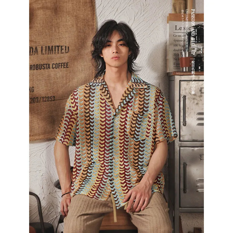 Japanese style Cuban collar short sleeve shirt in grey or red for plus size men