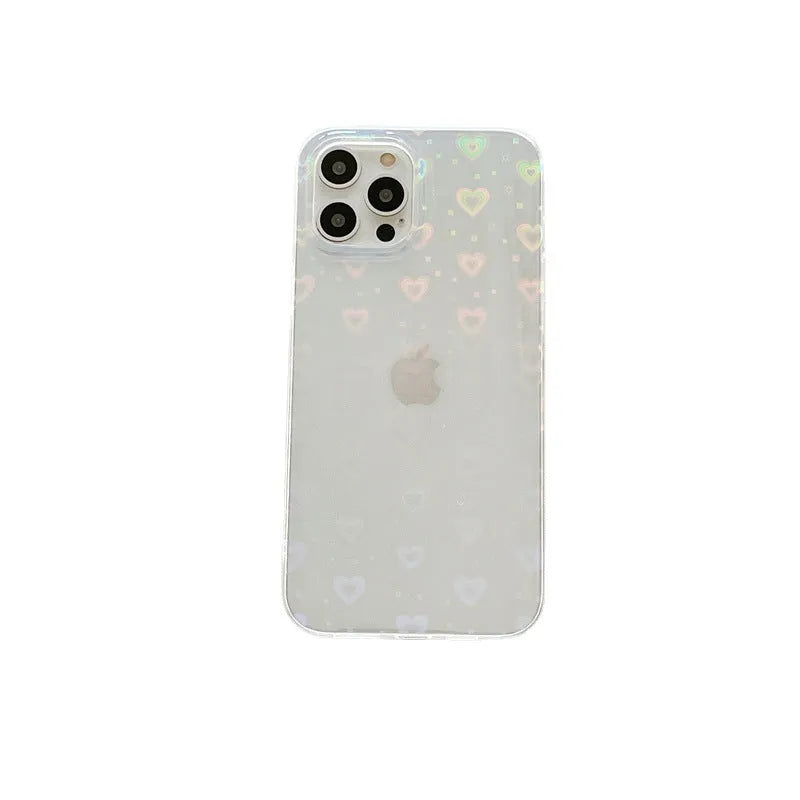 Transparent silicone iPhone case with laser colourful love design shown on iPhone