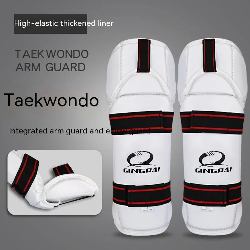 Taekwondo protective gear set showing leg guards and arm guards in PU EVA material