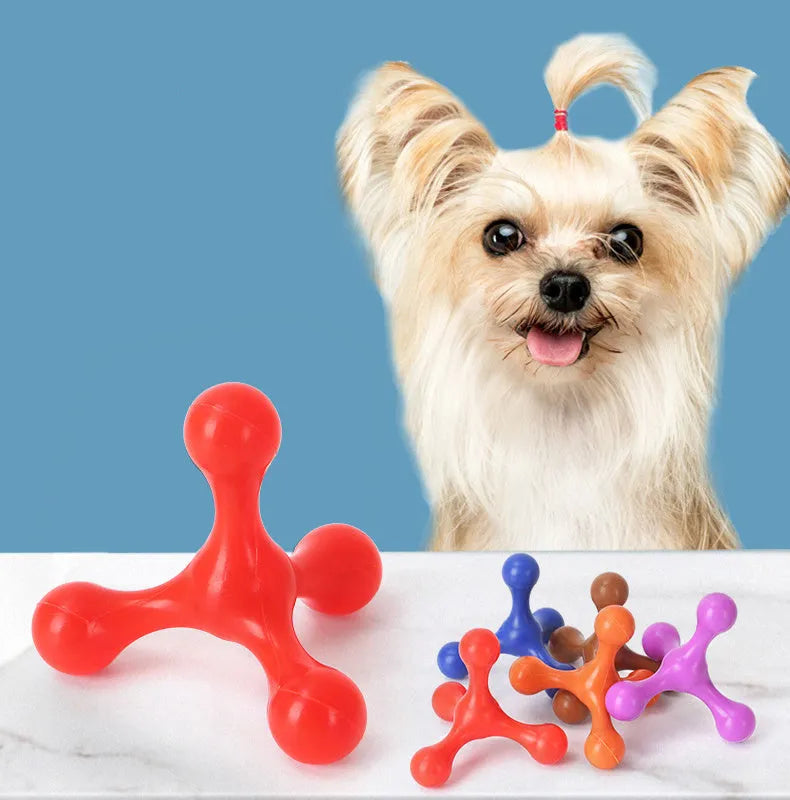 Blue silicone three-legged chew toy for small and medium dogs on a white background.