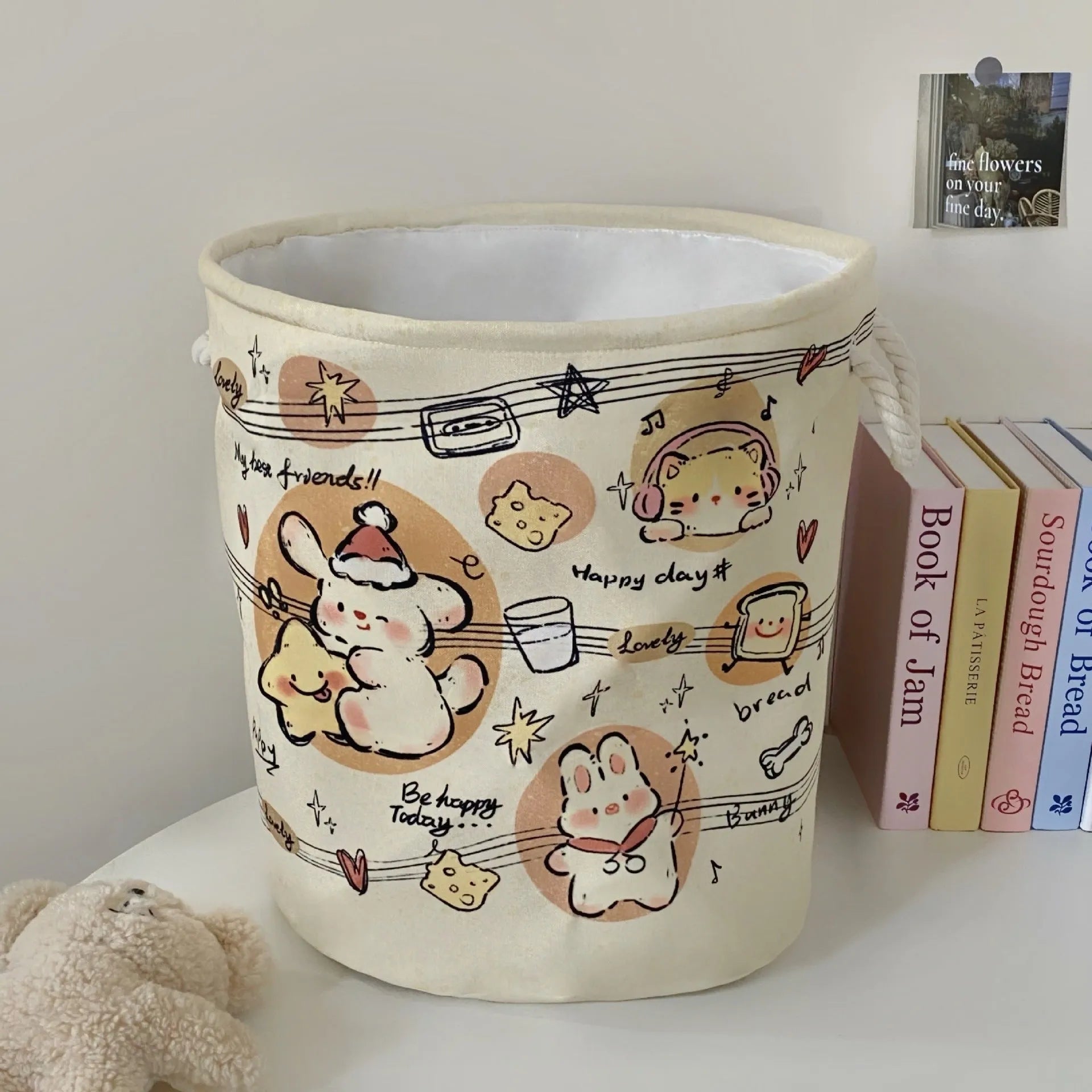 Foldable cotton laundry basket in mint green colour with bear design pattern for bedroom storage