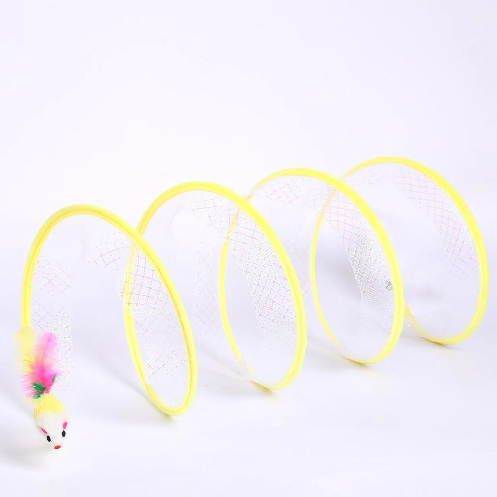 S-shaped foldable cat tunnel toy with feather attachments on elastic netting