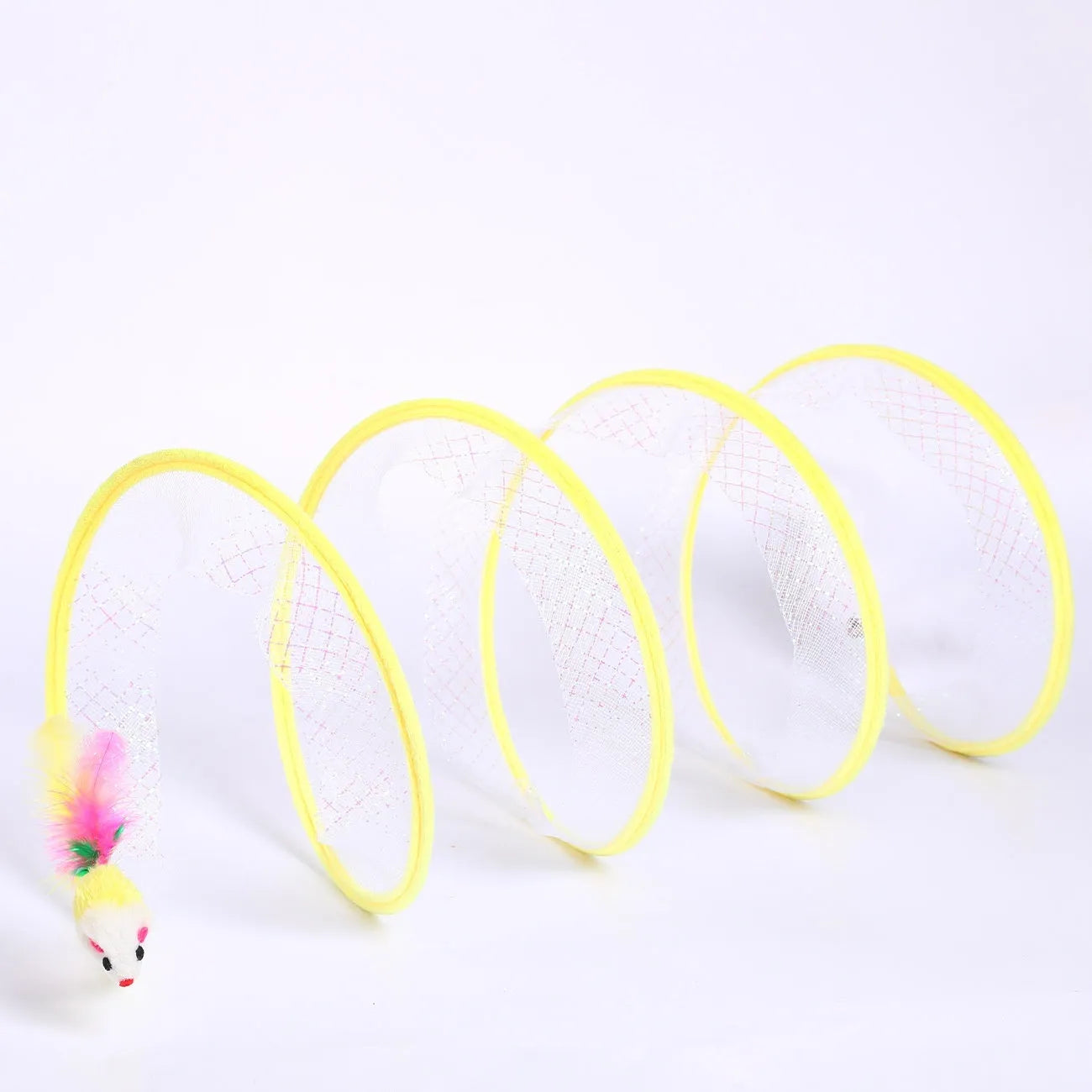 S-shaped foldable cat tunnel toy with feather attachments on elastic netting