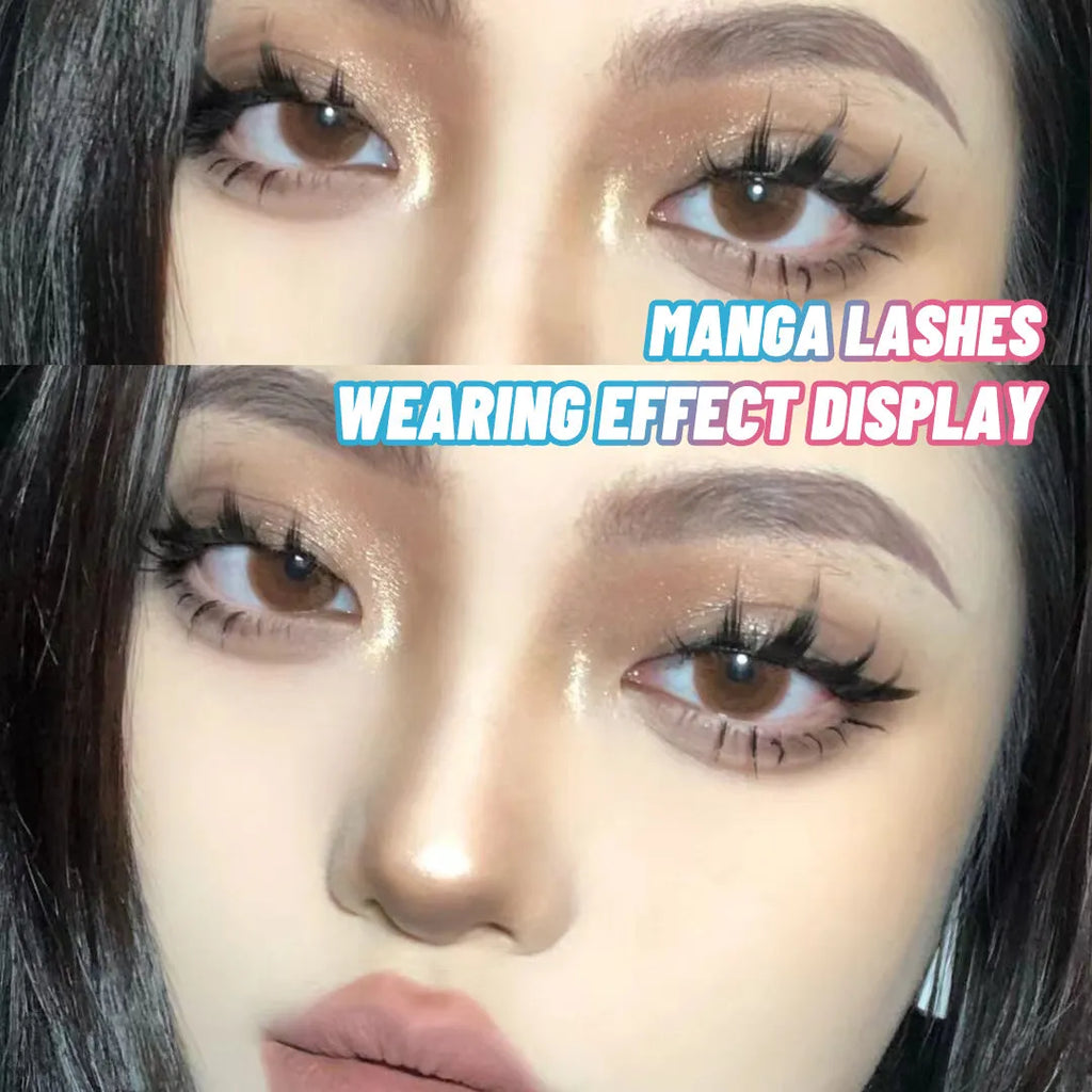 Set of five pairs of black wispy manga-style false eyelashes for anime cosplay and Korean makeup.