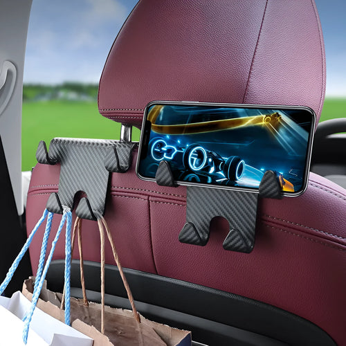 Black ABS plastic car hook and phone holder bracket mounted behind a car seat headrest.