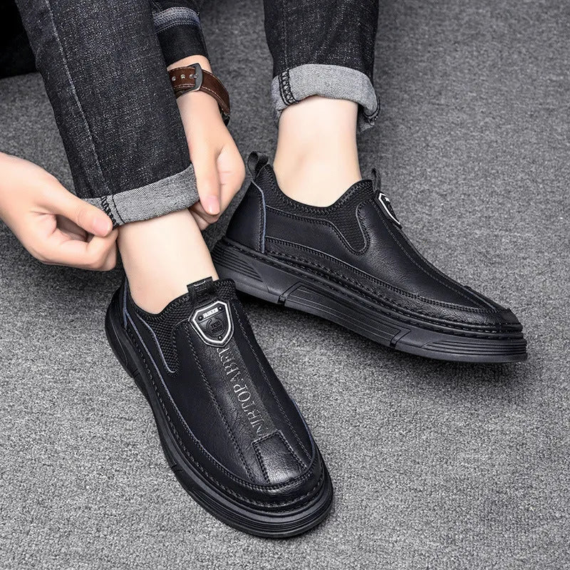 Men's solid color casual leather round toe shoes in black and brown options