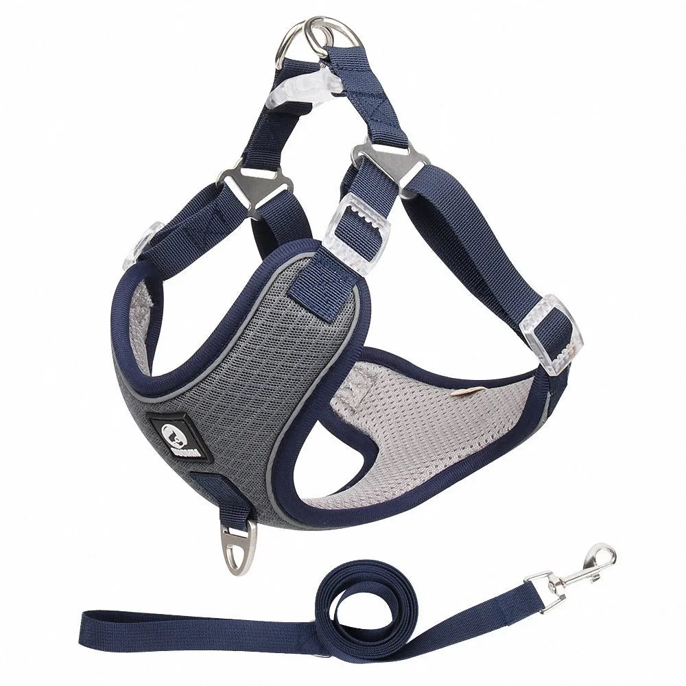Adjustable breathable mesh dog harness with reflective piping in black colour showing chest strap design