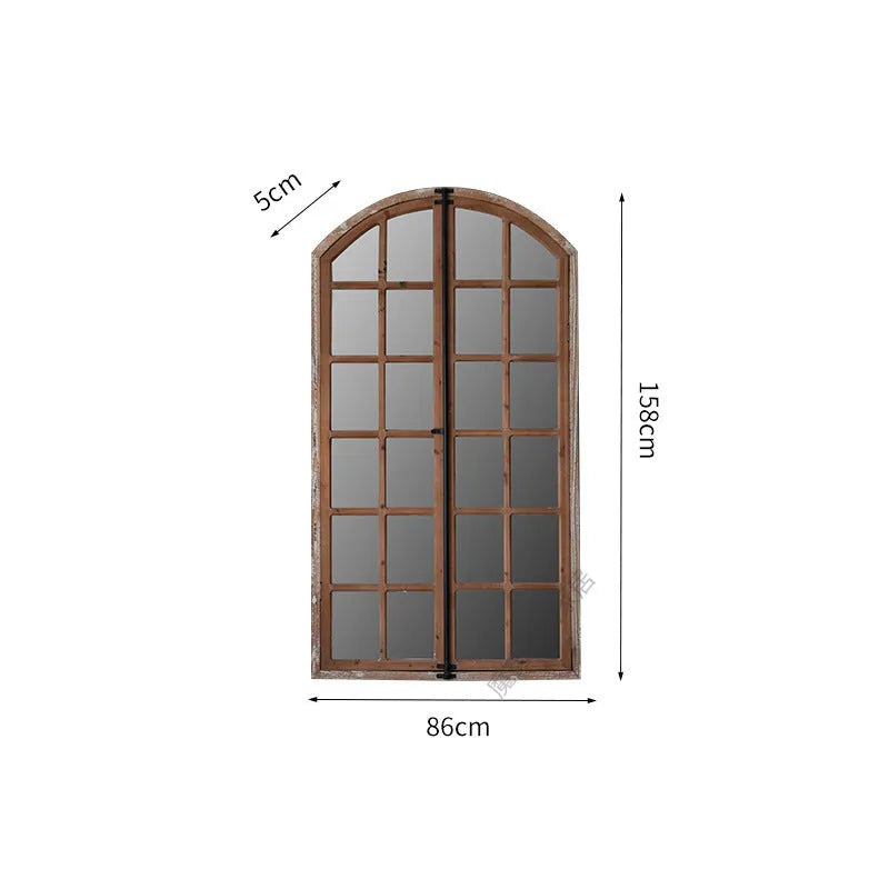 Distressed wooden frame fake window wall mirror with decorative glass panels in log colour finish