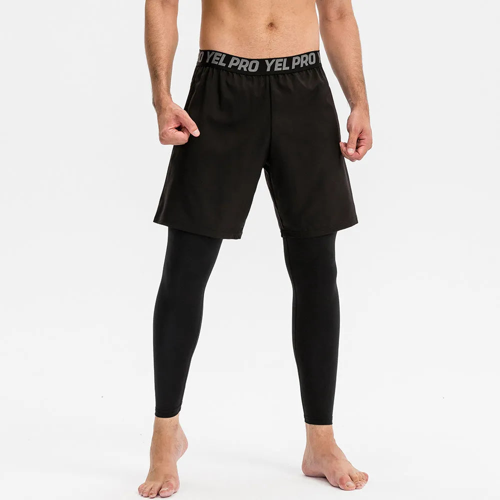 Man wearing grey elastic quick-drying sports trousers for fitness exercise.