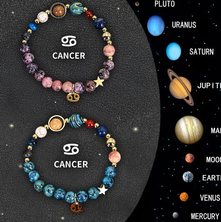 Set of two natural stone beaded bracelets with adjustable strings, showcasing zodiac constellation styles.
