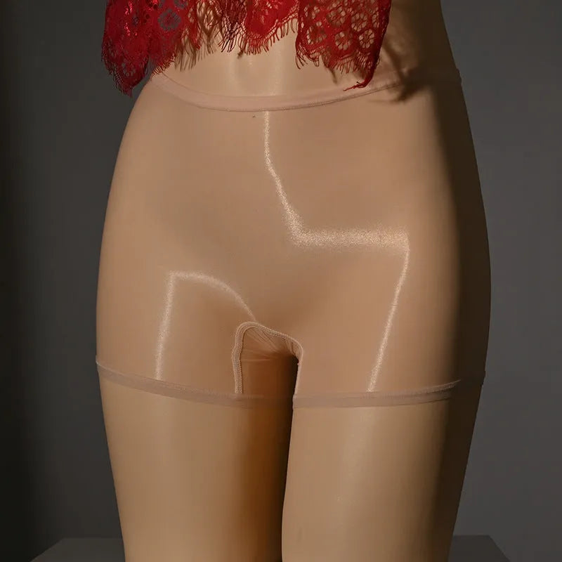 Shiny men's underwear stockings in nylon fabric showing seven colour options including red, black, grey, white and skin tones