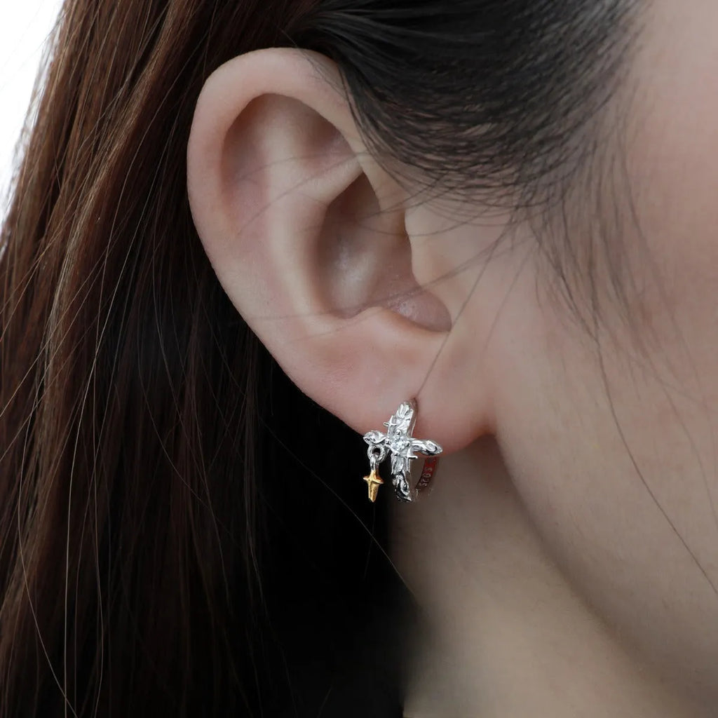 XINGX cross earrings in 925 silver with geometric circular design and white gold colour finish