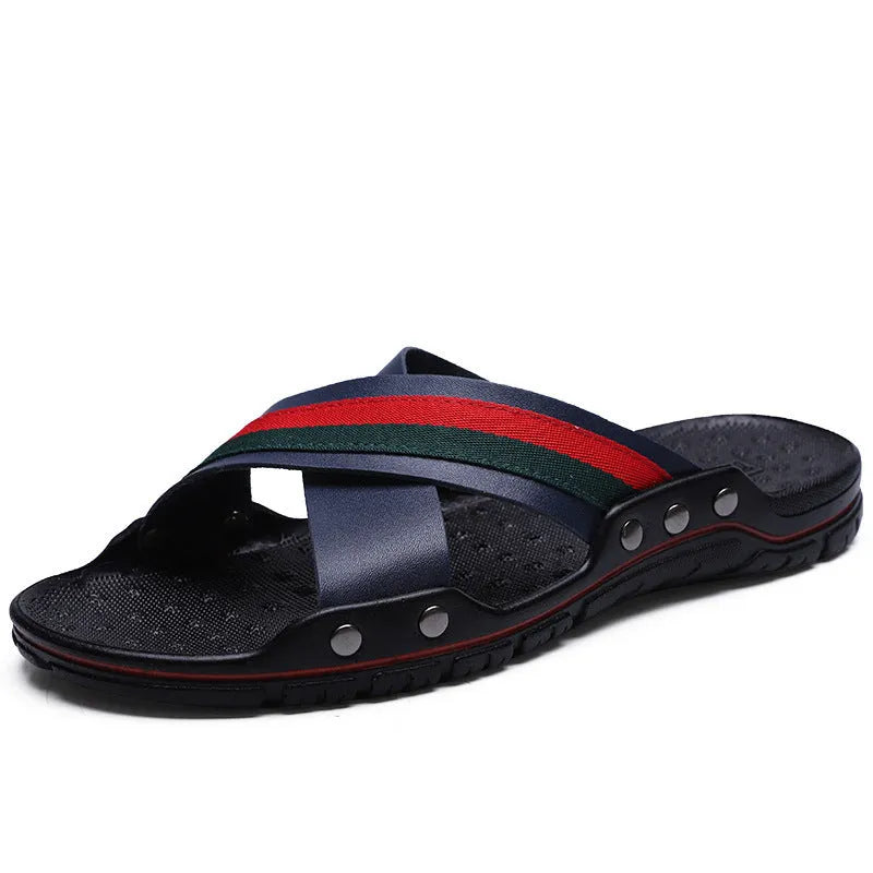 Men's cowhide leather flip-flops in white, blue, and black on a PU sole.