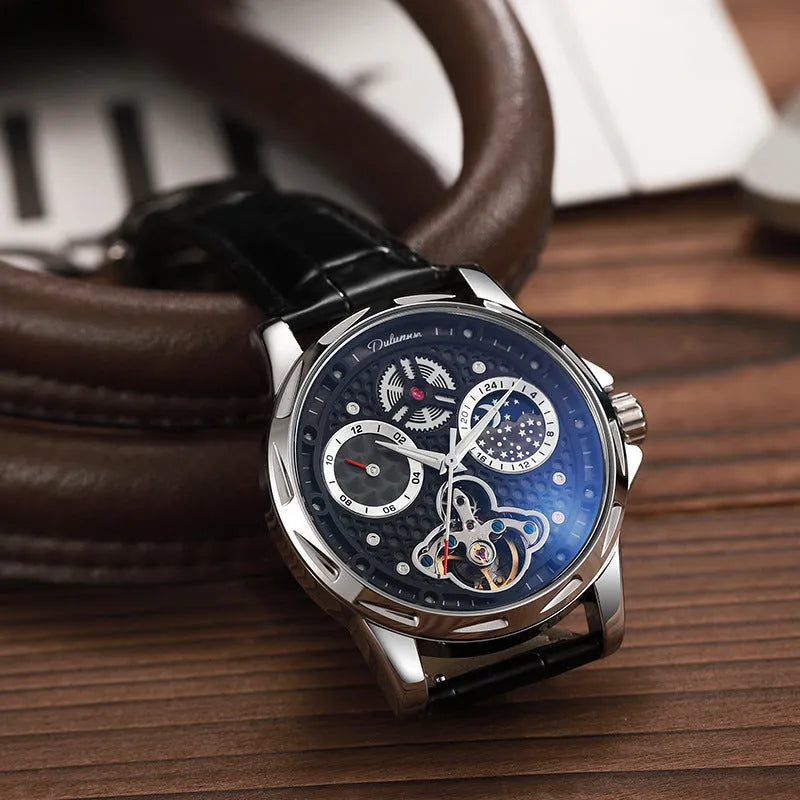 Men's automatic watch with luminous hands on a steel bracelet, black dial, and waterproof case.