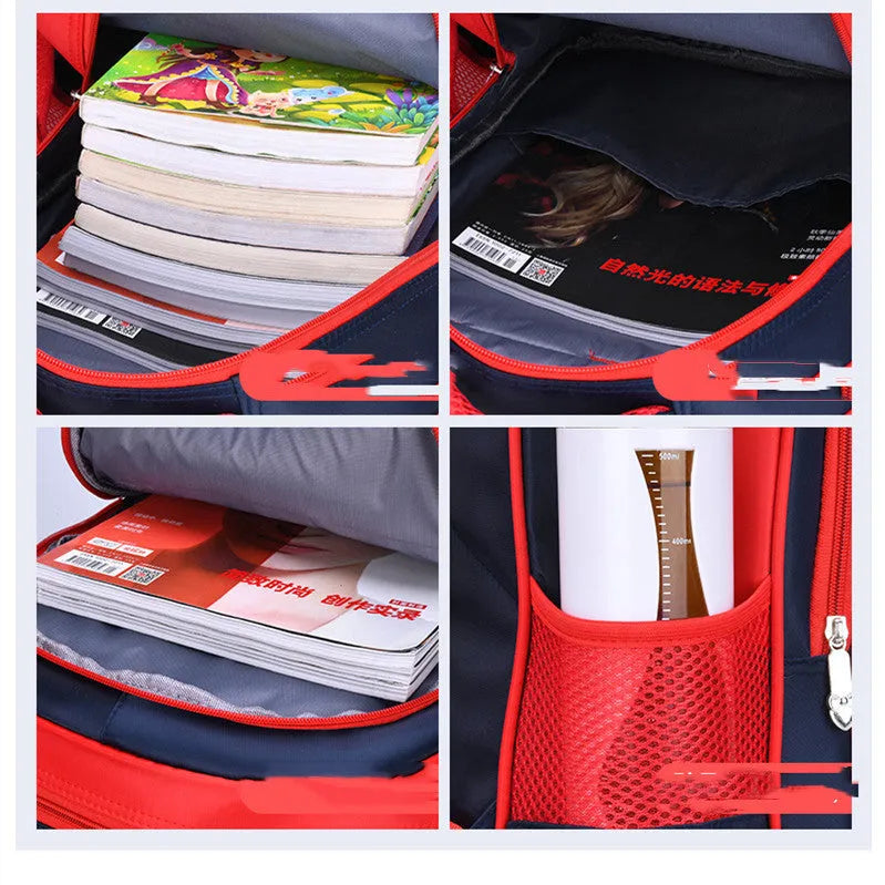 Blue cartoon anime nylon school backpack for children with pencil case, shown with dimensions 30x14x42cm.