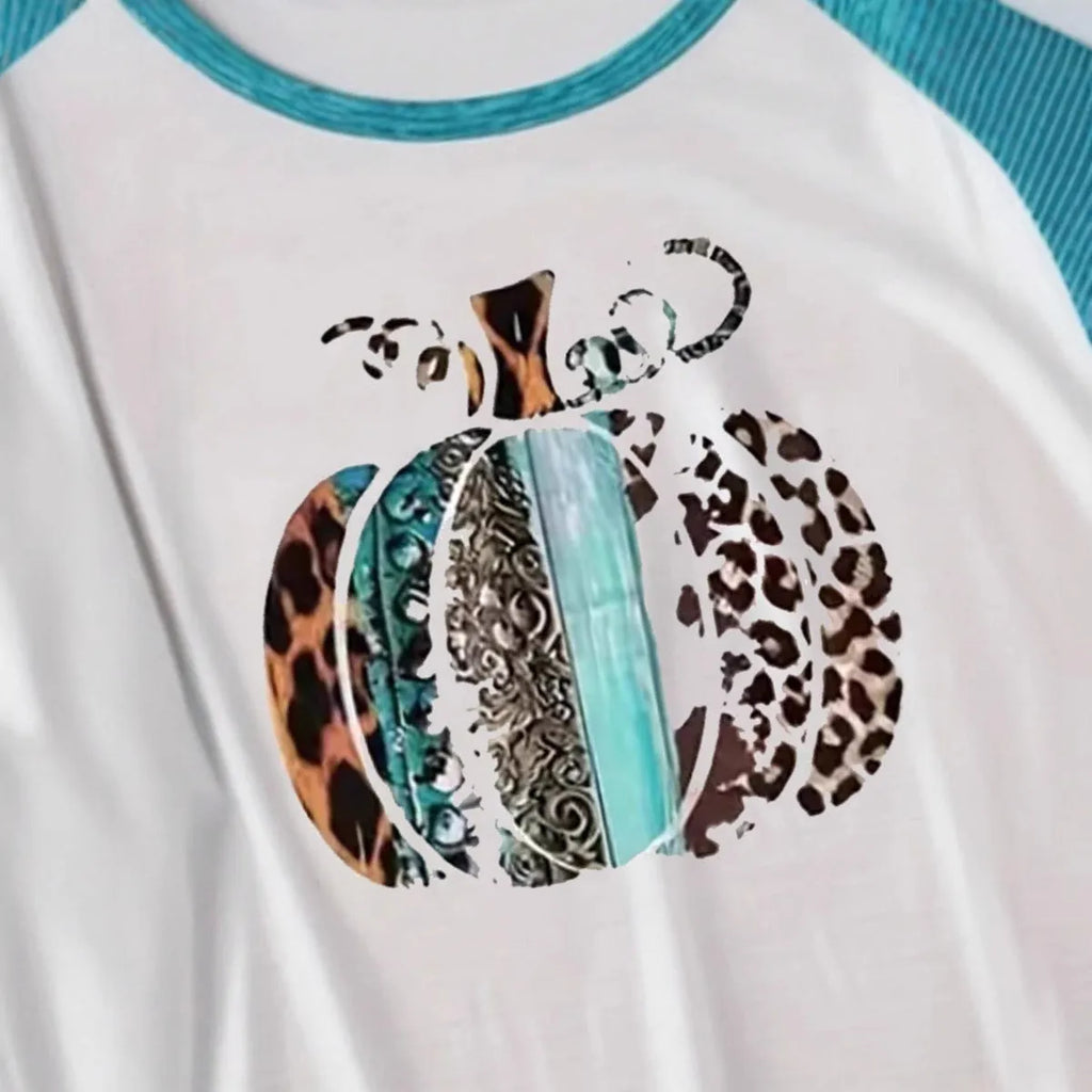 Sky blue Halloween T-shirt with pumpkin digital printing, regular fit and long sleeves