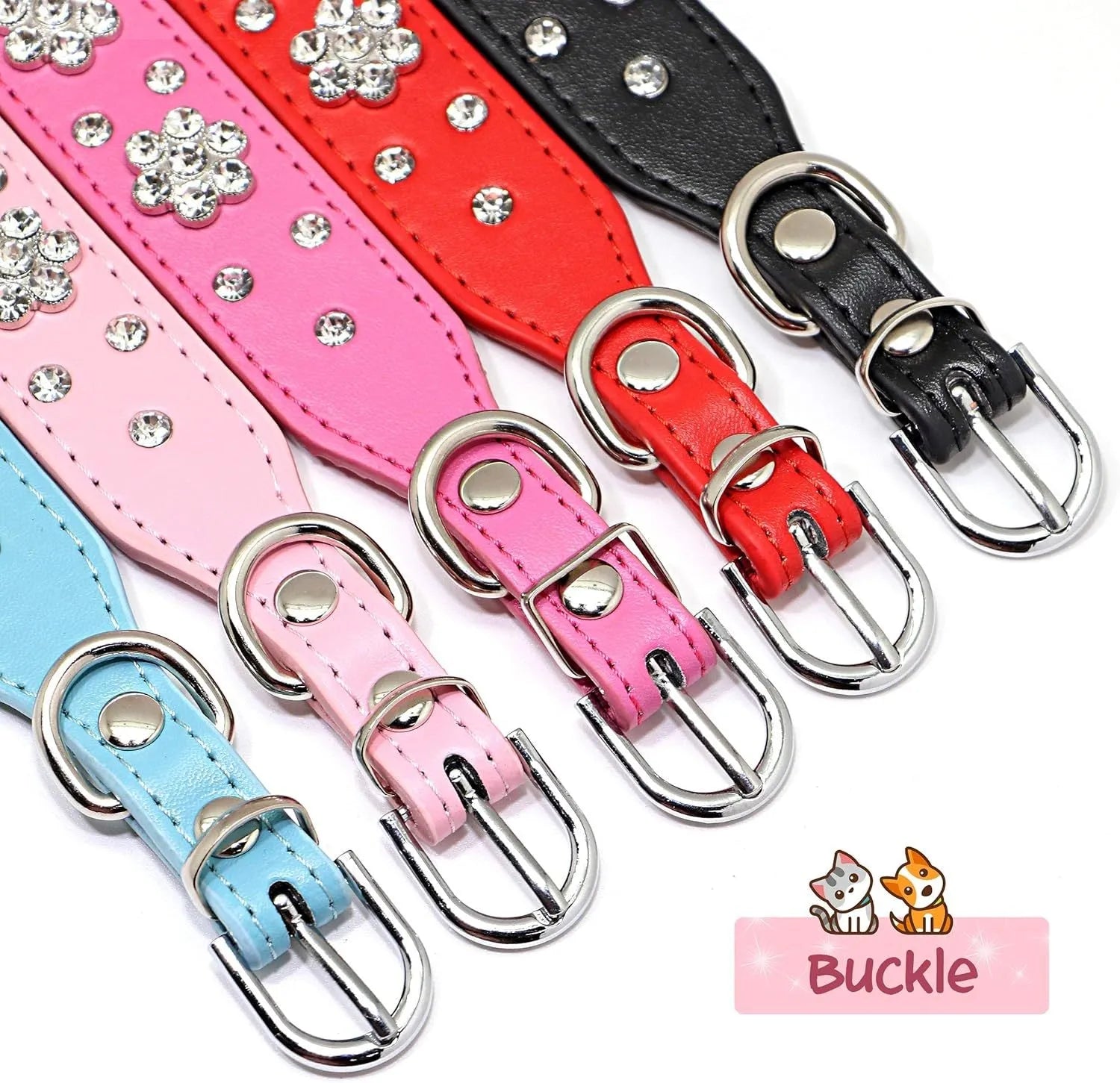 Black PU leather dog collar with rhinestone flower pattern and metal D-ring on a small dog.