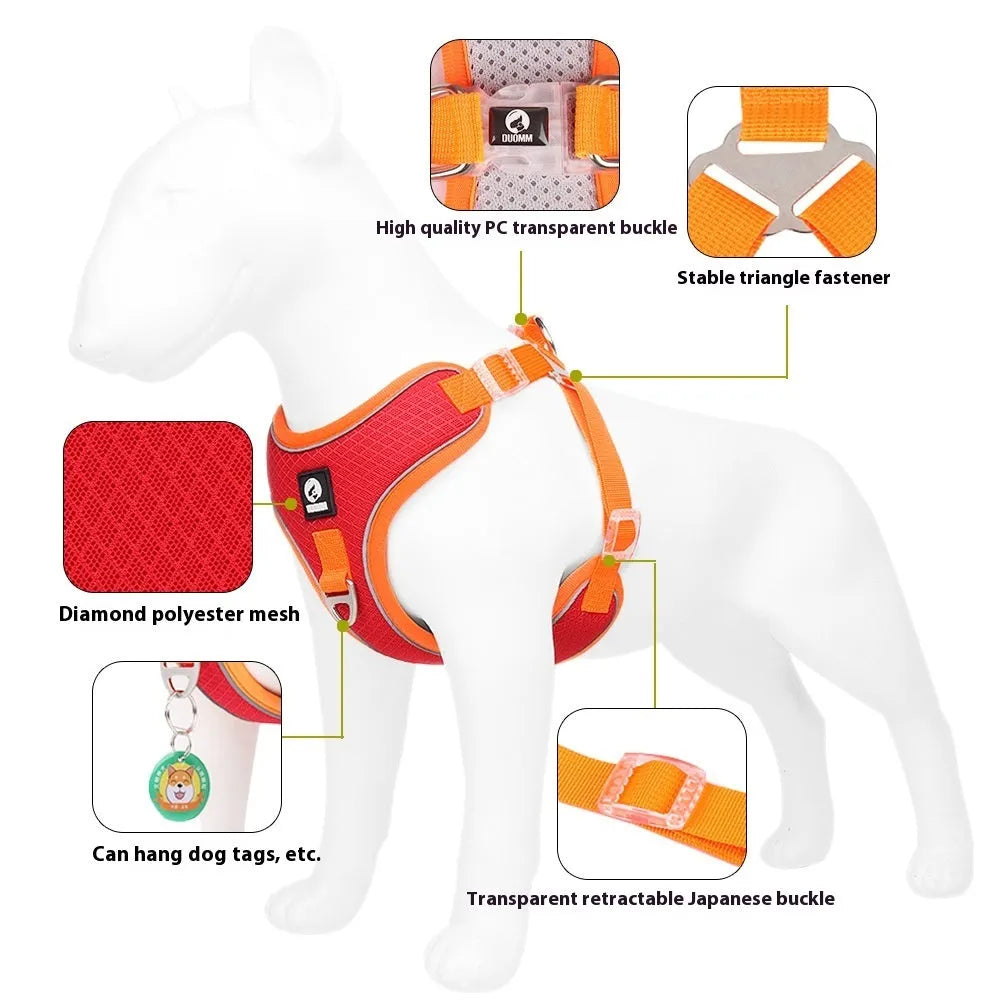Adjustable breathable mesh dog harness with reflective piping in black colour showing chest strap design