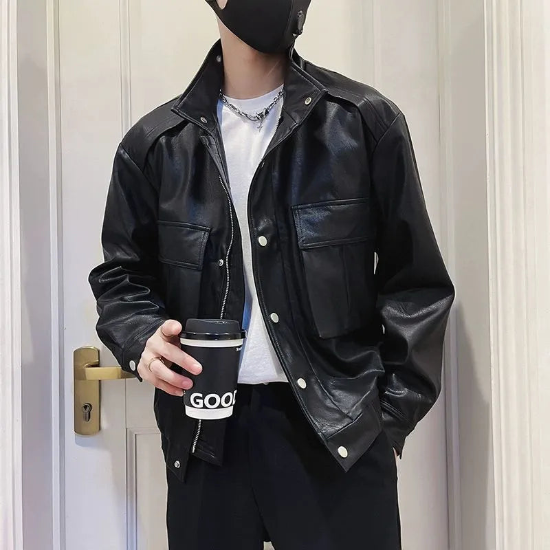 Men's black Korean-style PU leather jacket with straight hem and side seam pockets