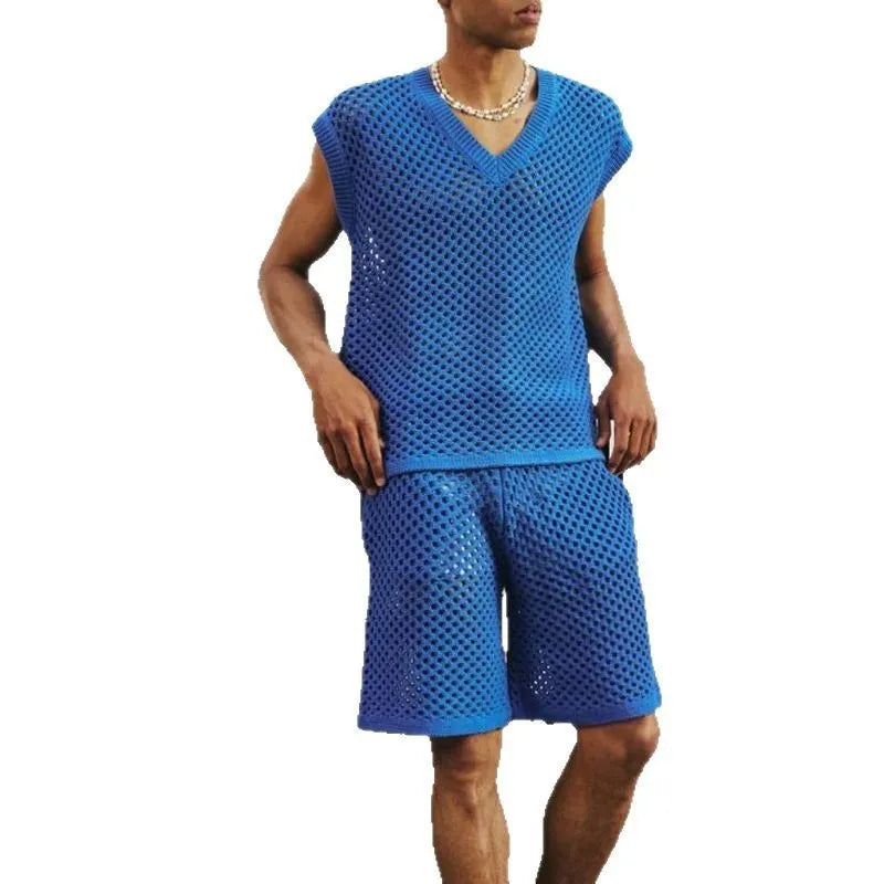 Men's blue cotton knitted sleeveless vest and matching shorts set for summer sports.