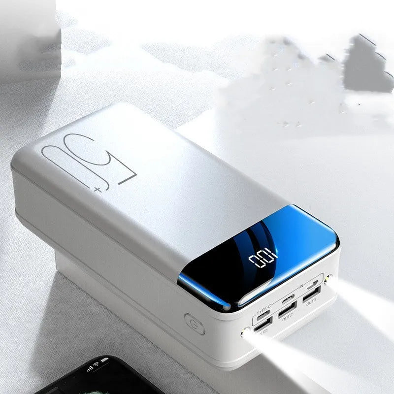 50000mAh power bank with three USB output ports in black plastic case