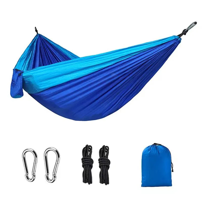Blue parachute nylon outdoor hammock showing 270cm length and 140cm width dimensions