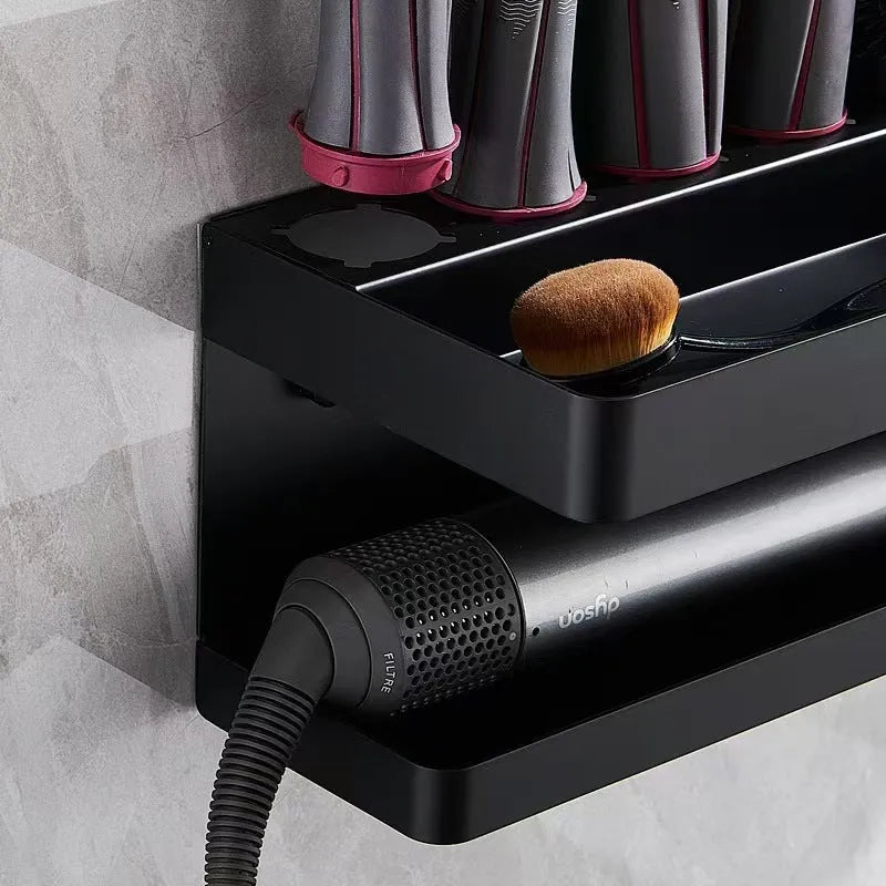 White punch-free Marcel waver shaped bathroom storage rack with two aluminium tiers for hair curler organisation