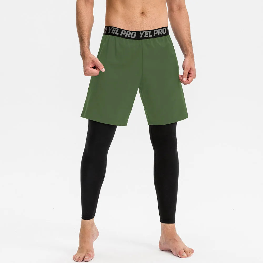 Man wearing grey elastic quick-drying sports trousers for fitness exercise.