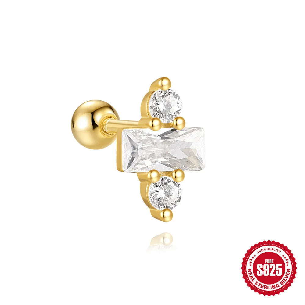 S925 sterling silver square gravel stud earring with red centre and gold plating