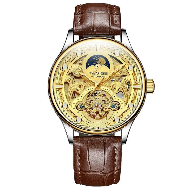 Men's gold and white leather strap waterproof automatic business watch
