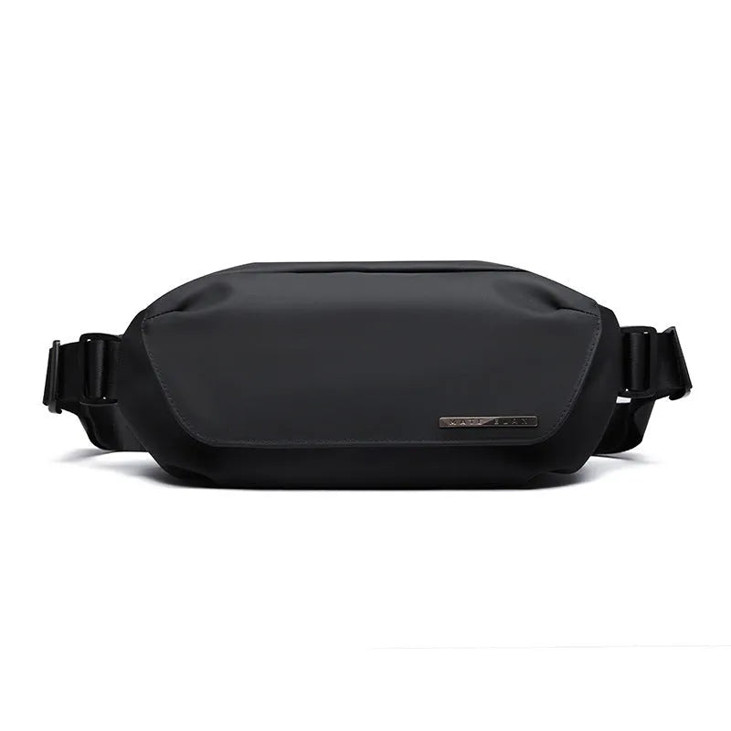 Black men's Oxford cloth messenger bag shown as a crossbody bag.