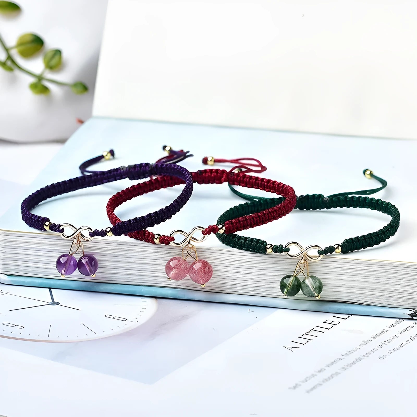 Natural strawberry quartz bracelet for women with cherry fruit charm and crystal beads