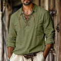Men's loose fit solid colour shirt with lapel collar and lace detailing on a linen-cotton blend fabric.