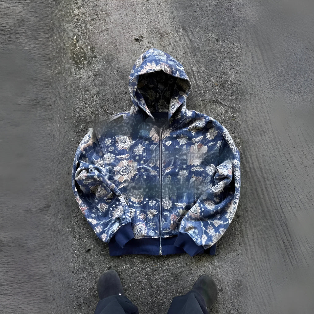 Men's blue loose hooded zip coat with digital printing showing front view