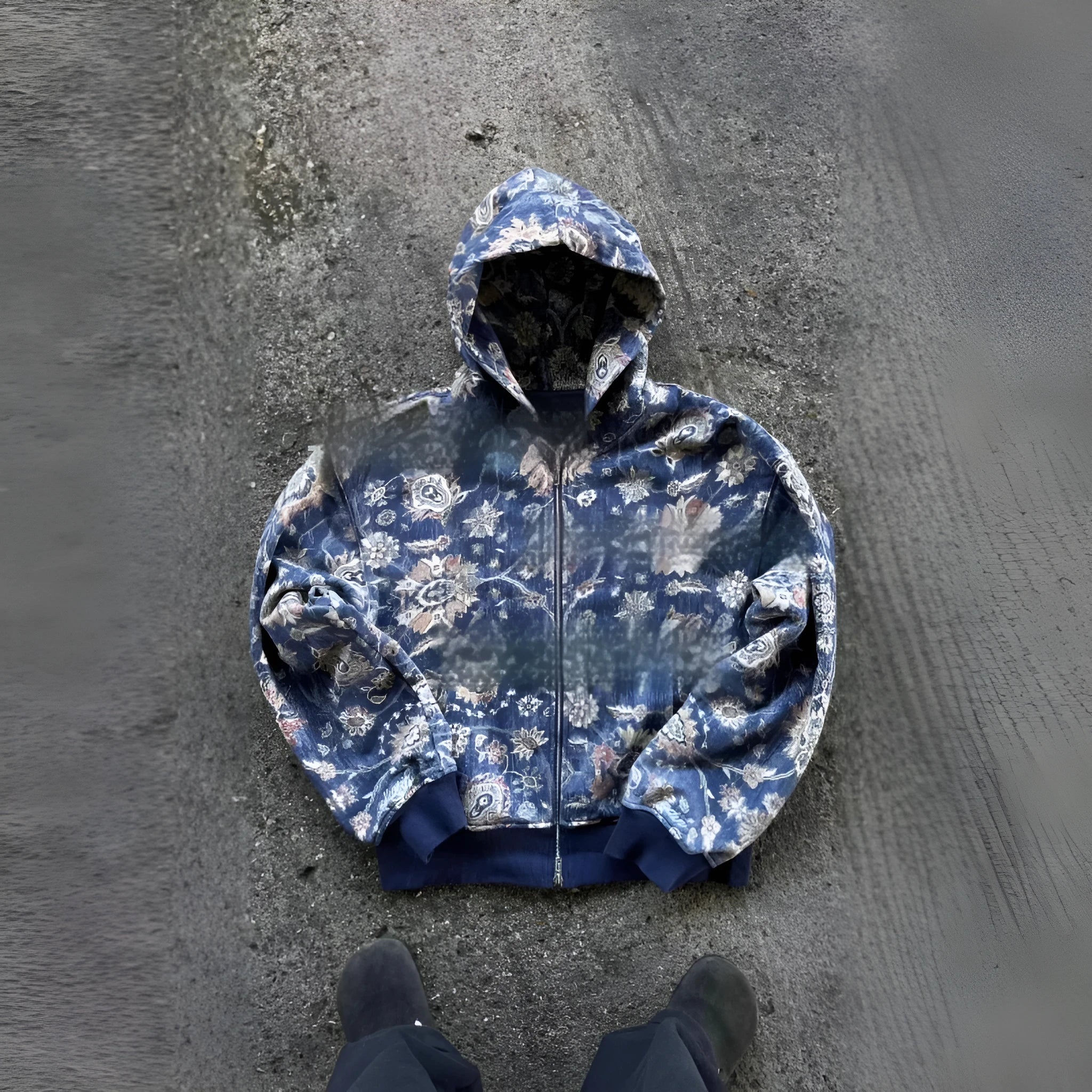 Men's blue loose hooded zip coat with digital printing showing front view