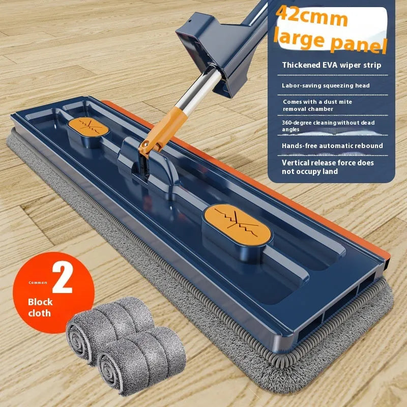 Large flat mop with stainless steel handle and 360 rotating head for hard floor cleaning