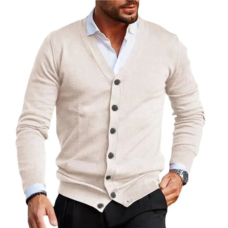 Men's slim fit acrylic cardigan sweater coat in various colours on a size chart background.