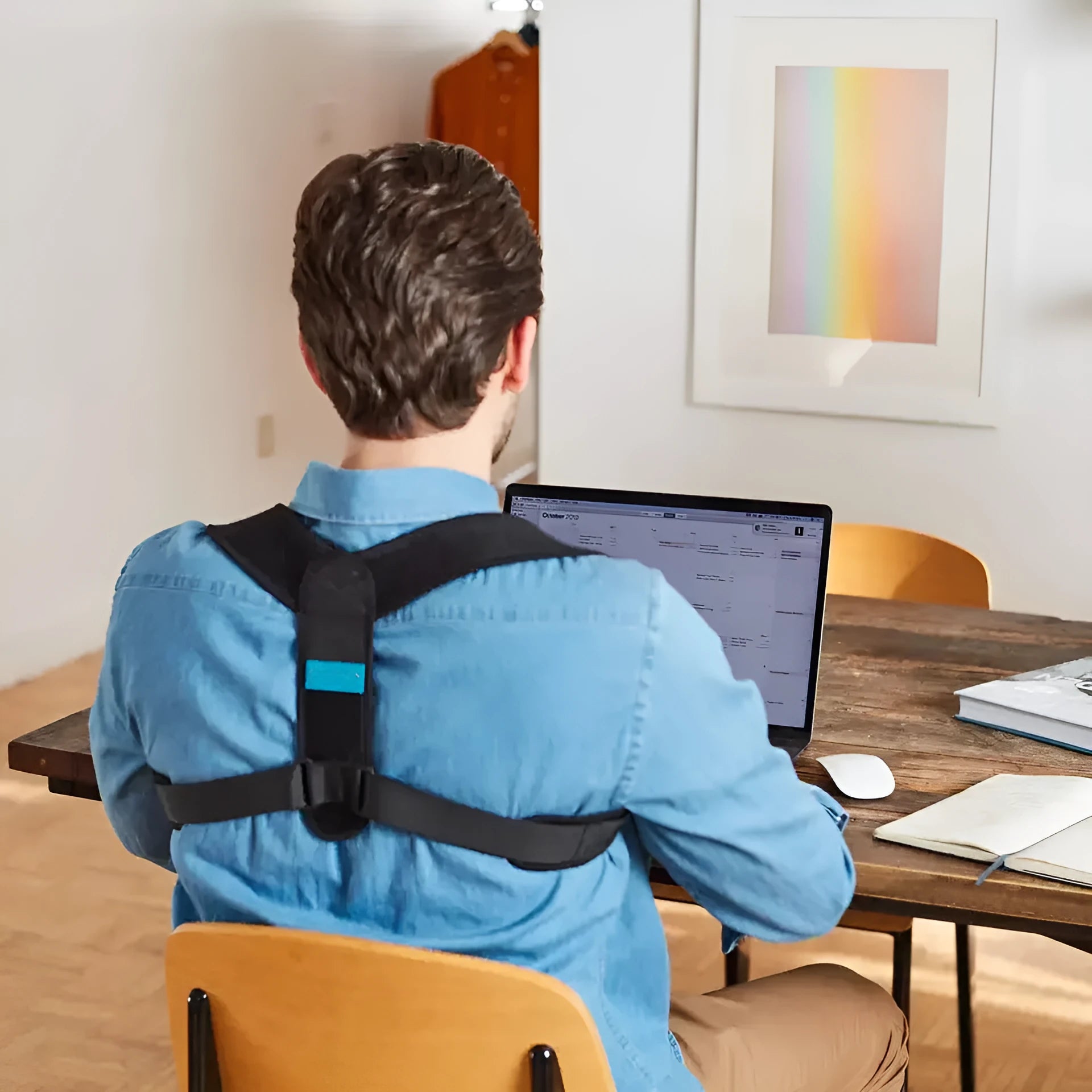Black adjustable breathable posture correction strap laid flat.
