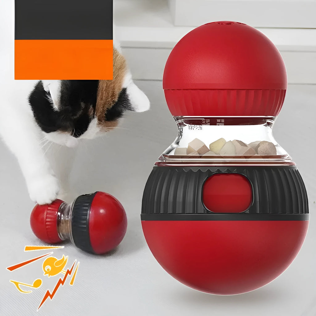 Colourful rotating cat toy with super ball and food compartments for interactive play