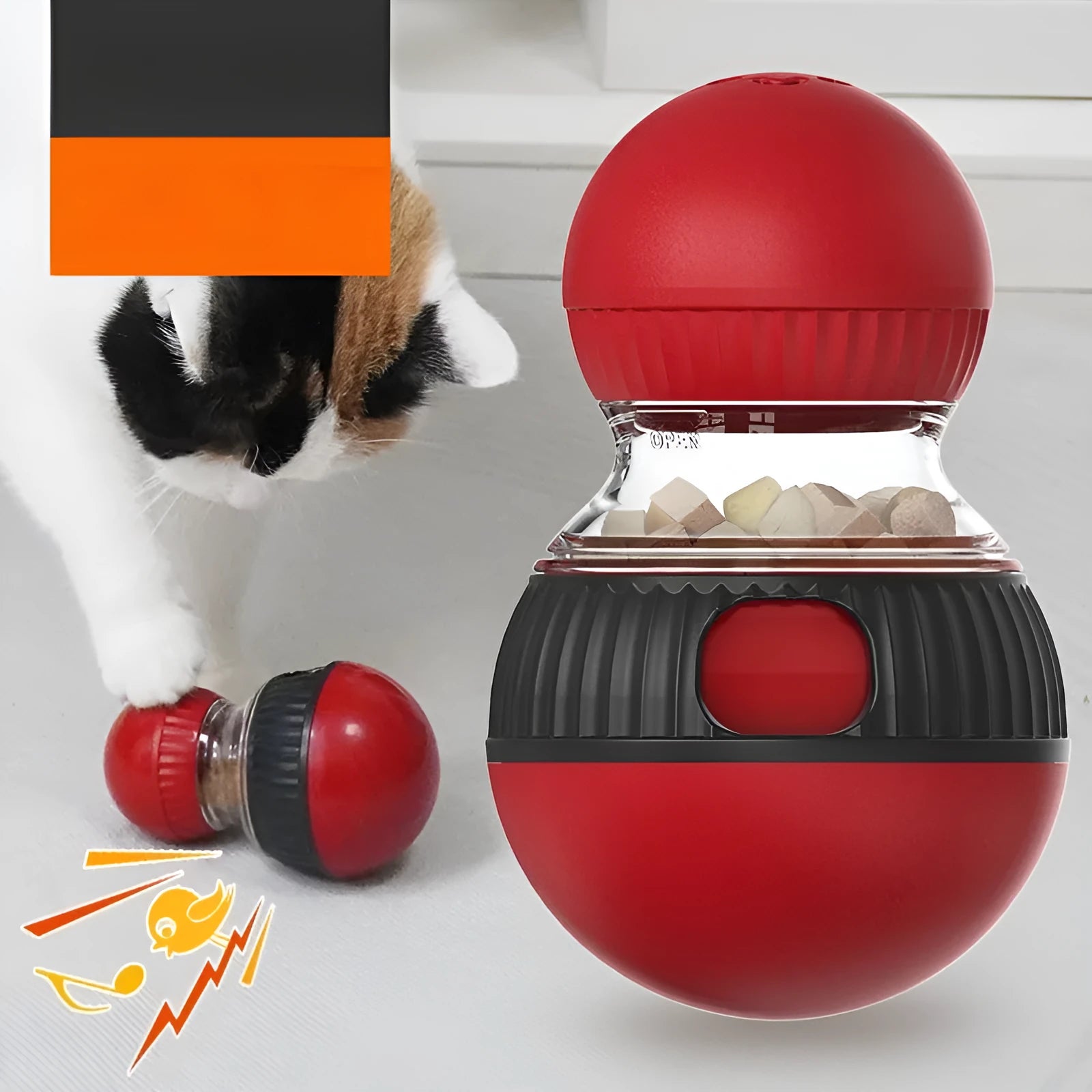 Colourful rotating cat toy with super ball and food compartments for interactive play