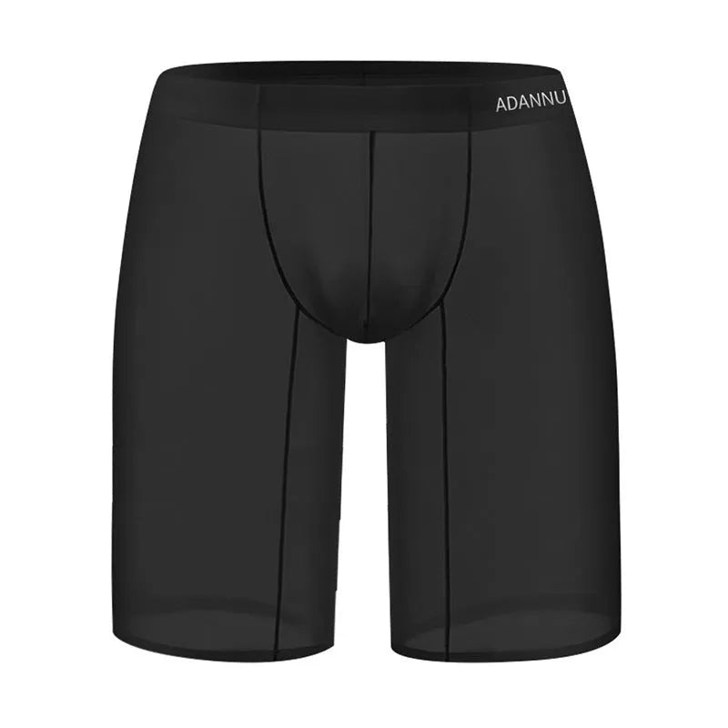 Men's solid-colour mesh shorts in black, shown laid flat to display seamless nylon knit fabric.