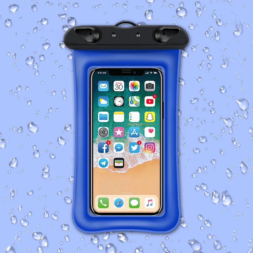 Orange waterproof phone pouch with double airbag design and a black lanyard.