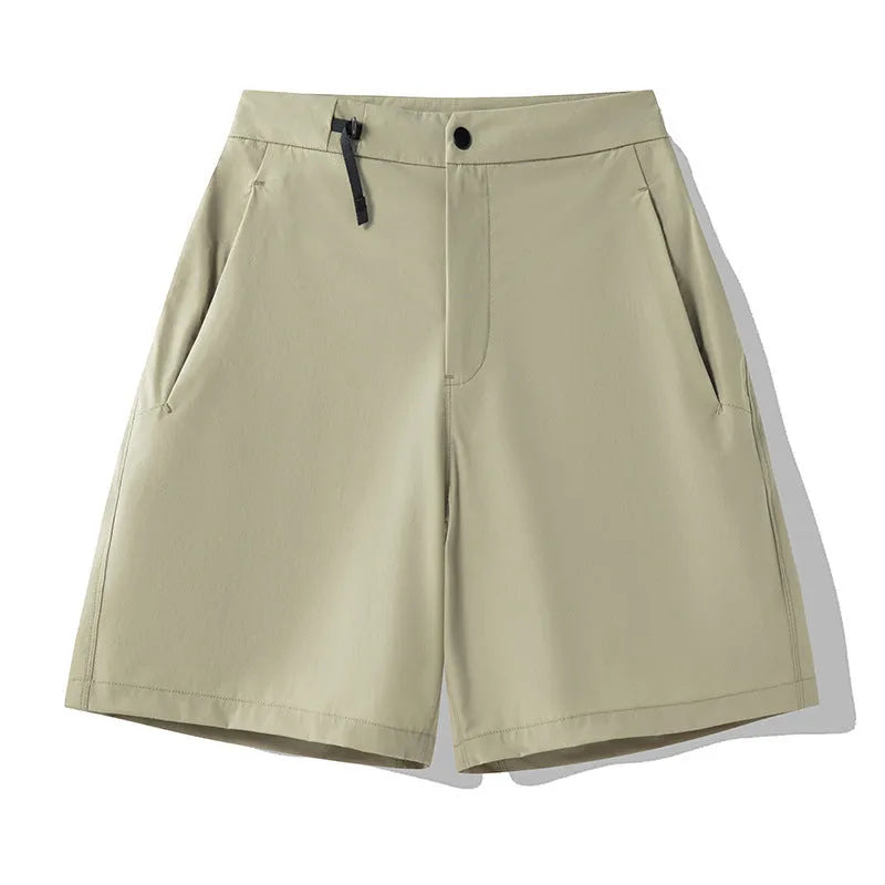 Men's quick-drying nylon spandex sports shorts in khaki colour with elastic waist and 3D cut design.