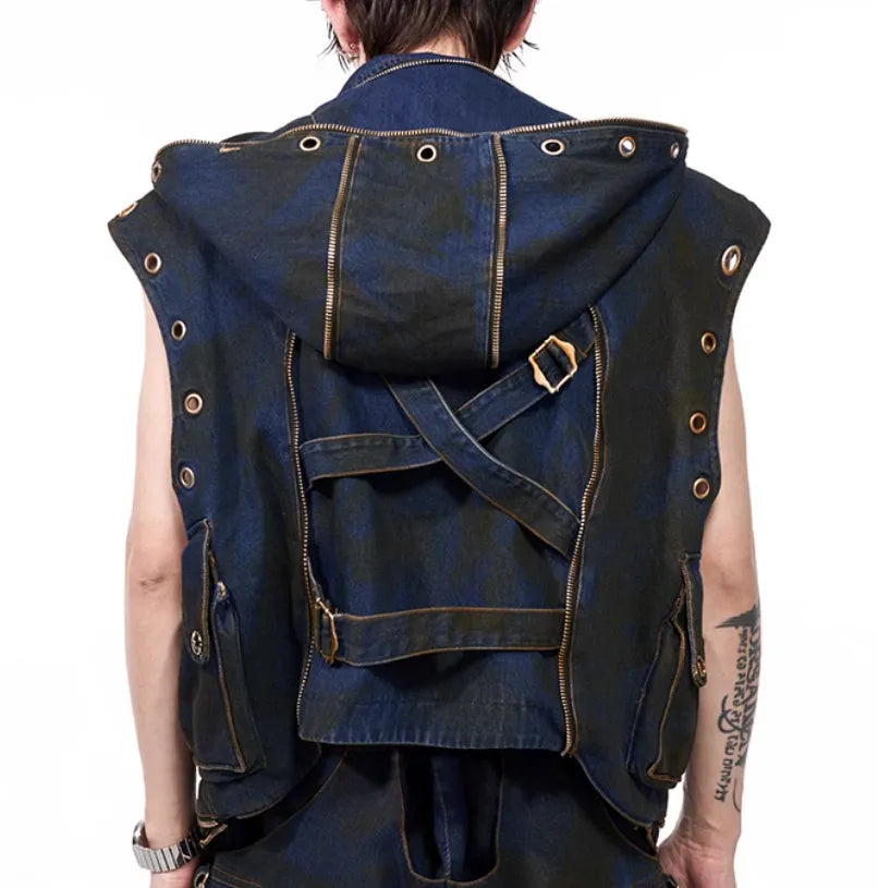 Blue hooded denim vest coat with matching trousers, Korean style zippered jacket set