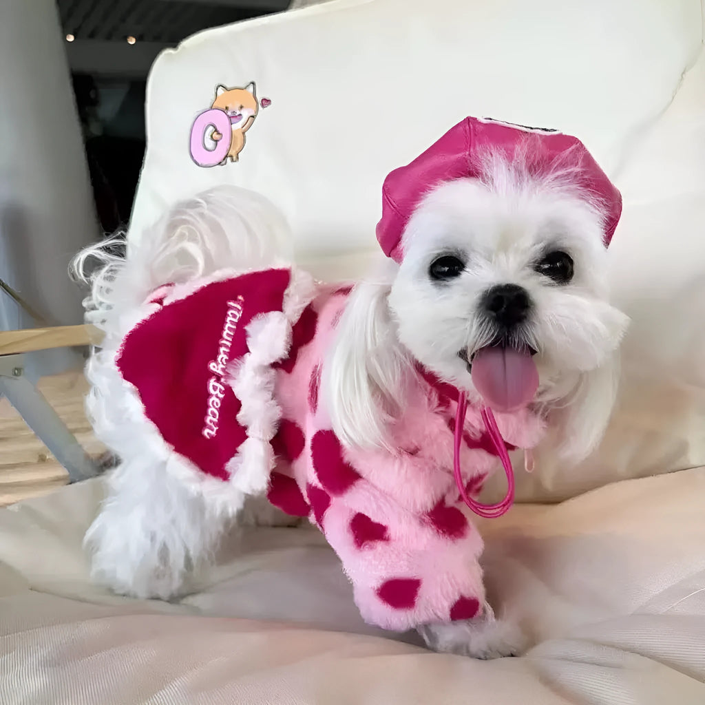 Polyester plush warm coat for small dogs in British style, available in pink and brown colours