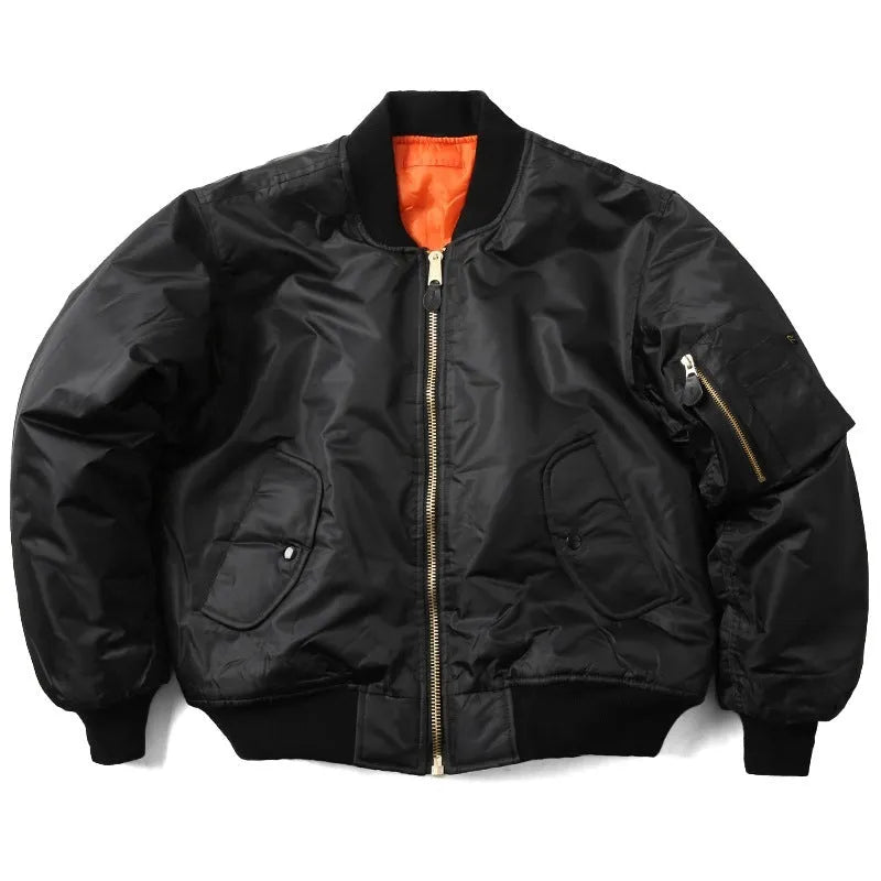 Men's loose fit pilot jacket in army green, showing cotton padding and double-sided nylon construction.