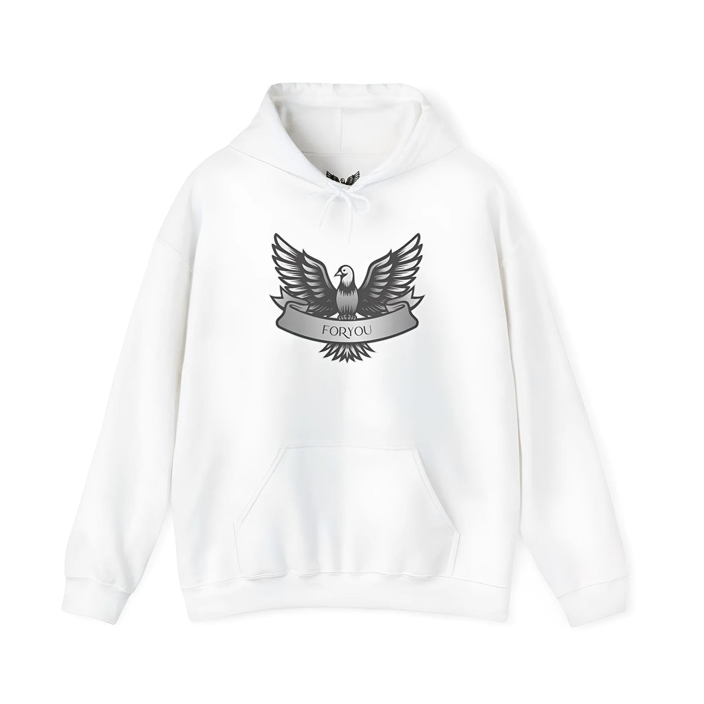 White cotton blend pullover hoodie for men and women on hanger