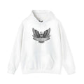 White cotton blend pullover hoodie for men and women on hanger